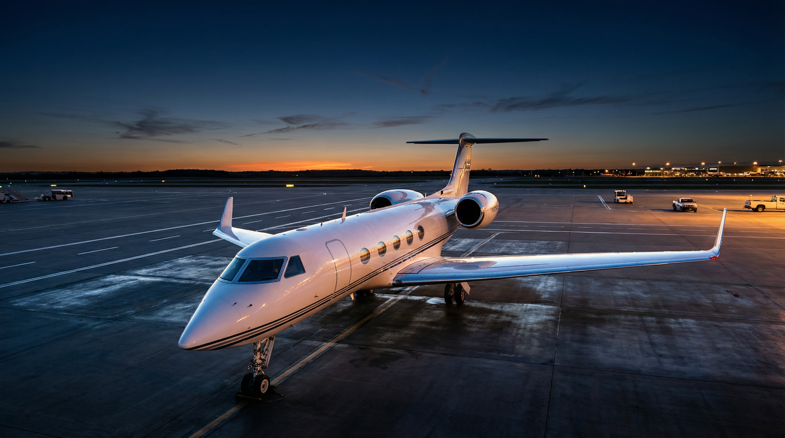 A private jet parked on the tarmac during sunset, with airport vehicles and city lights visible in the background.