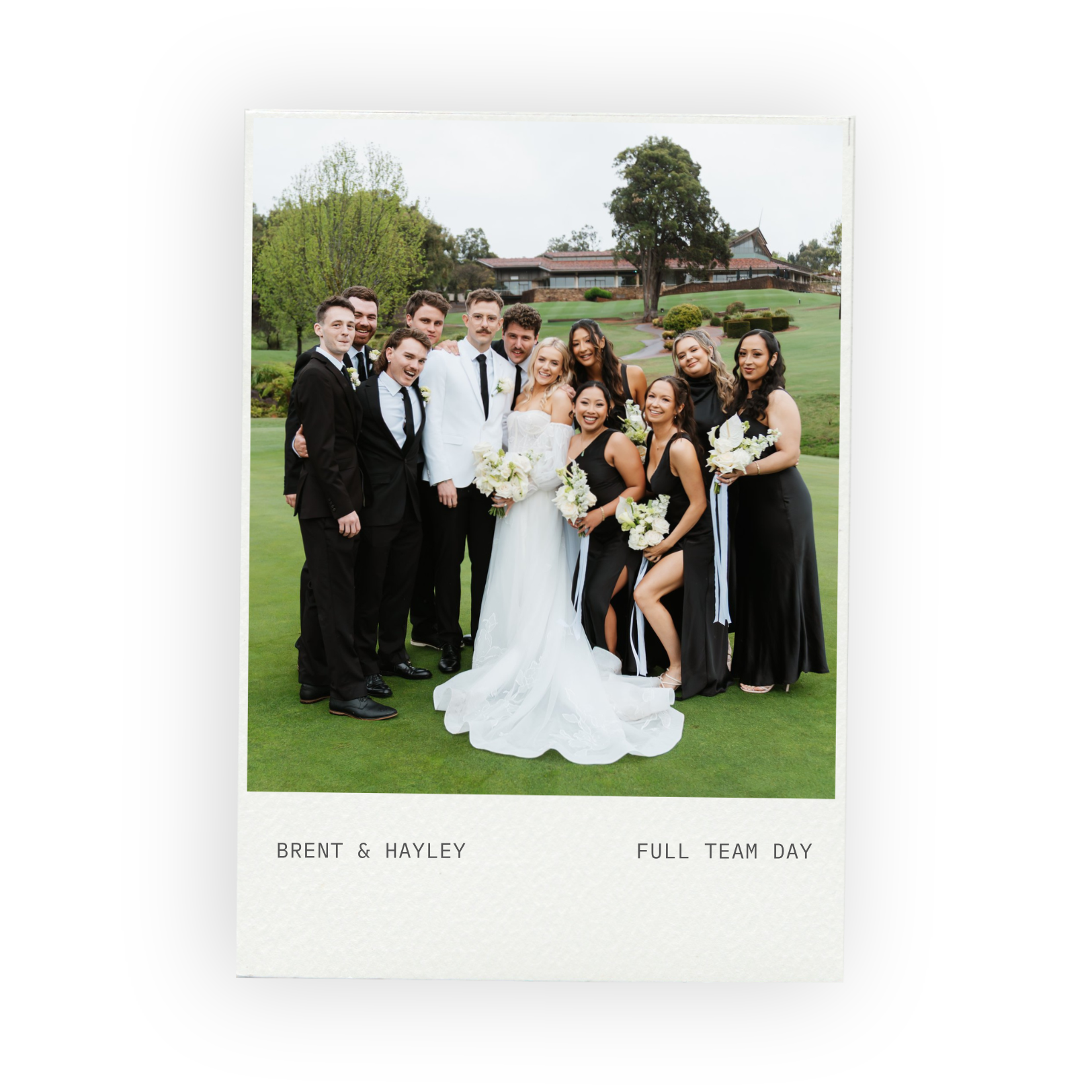 Bride and groom with their bridal party on a green lawn