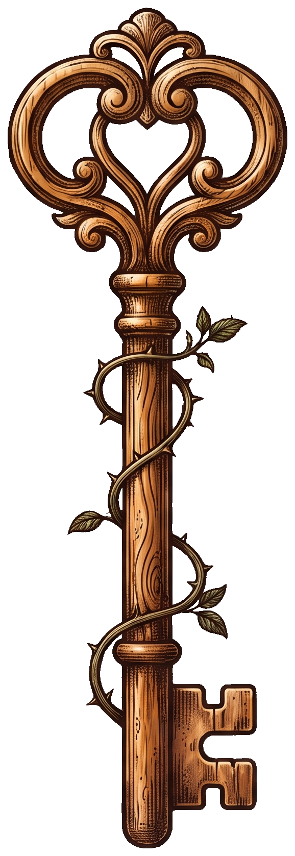 Wooden key with ornate top, wrapped in vines with green leaves.