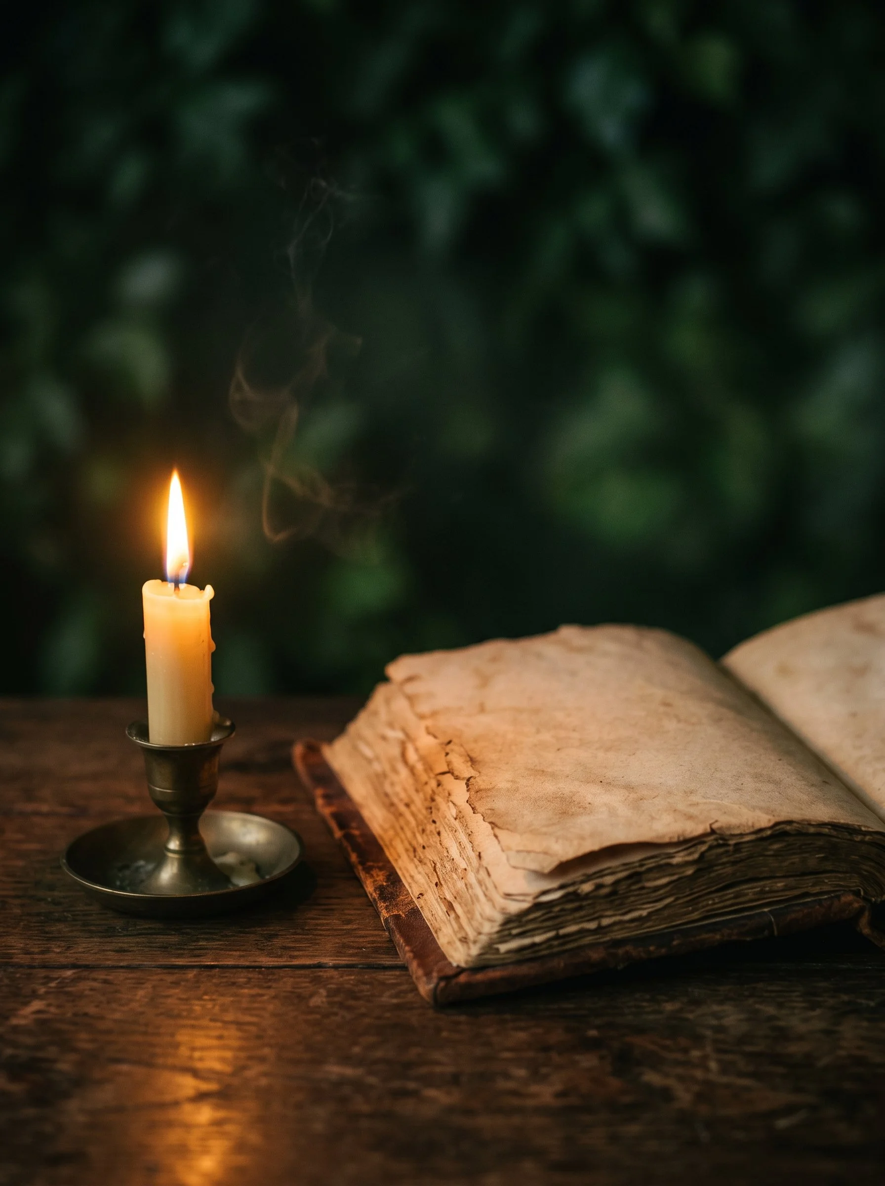 An open old book with yellowed pages, a lit candle in a silver holder, and a dark wooden surface, with a blurred green leafy background.
