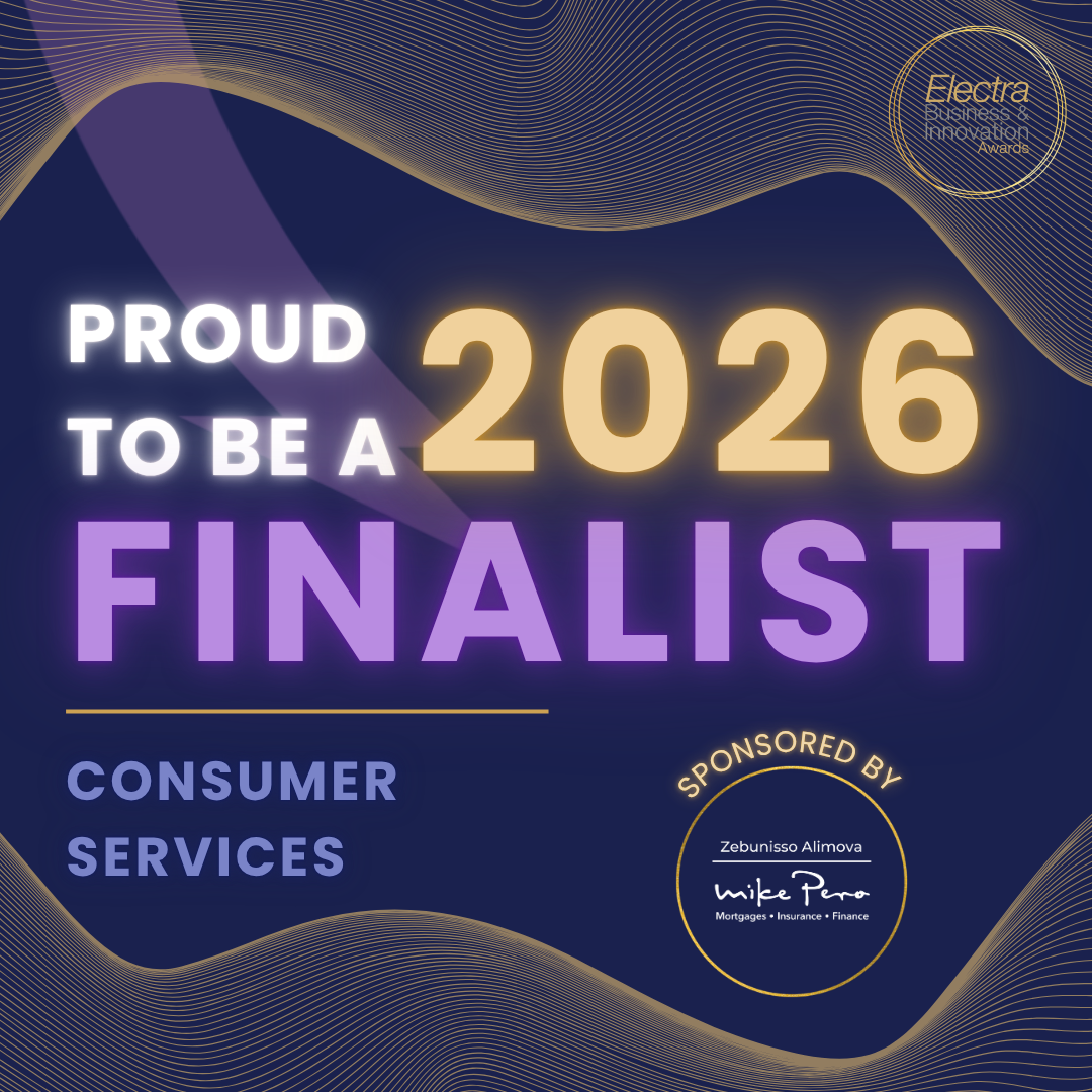 An award announcement graphic with the text 'Proud to be a 2026 Finalist,' sponsored by Mike Pero Mortgages, Insurance, and Finance, with decorative gold and purple wave patterns in the background.