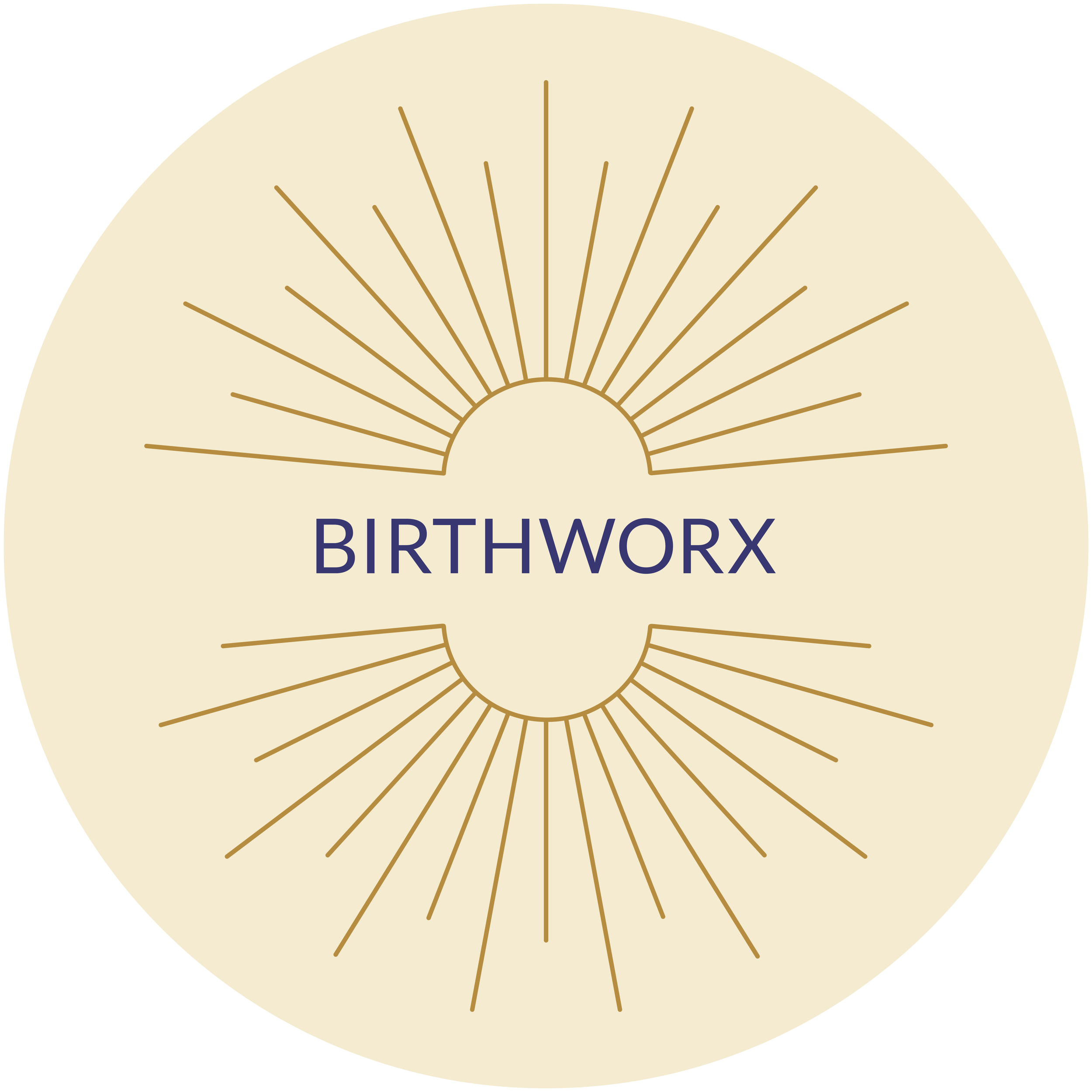 The Birthworx circular logo on a light gold background with gold sun rays around the Birthworx logo in deep blue.