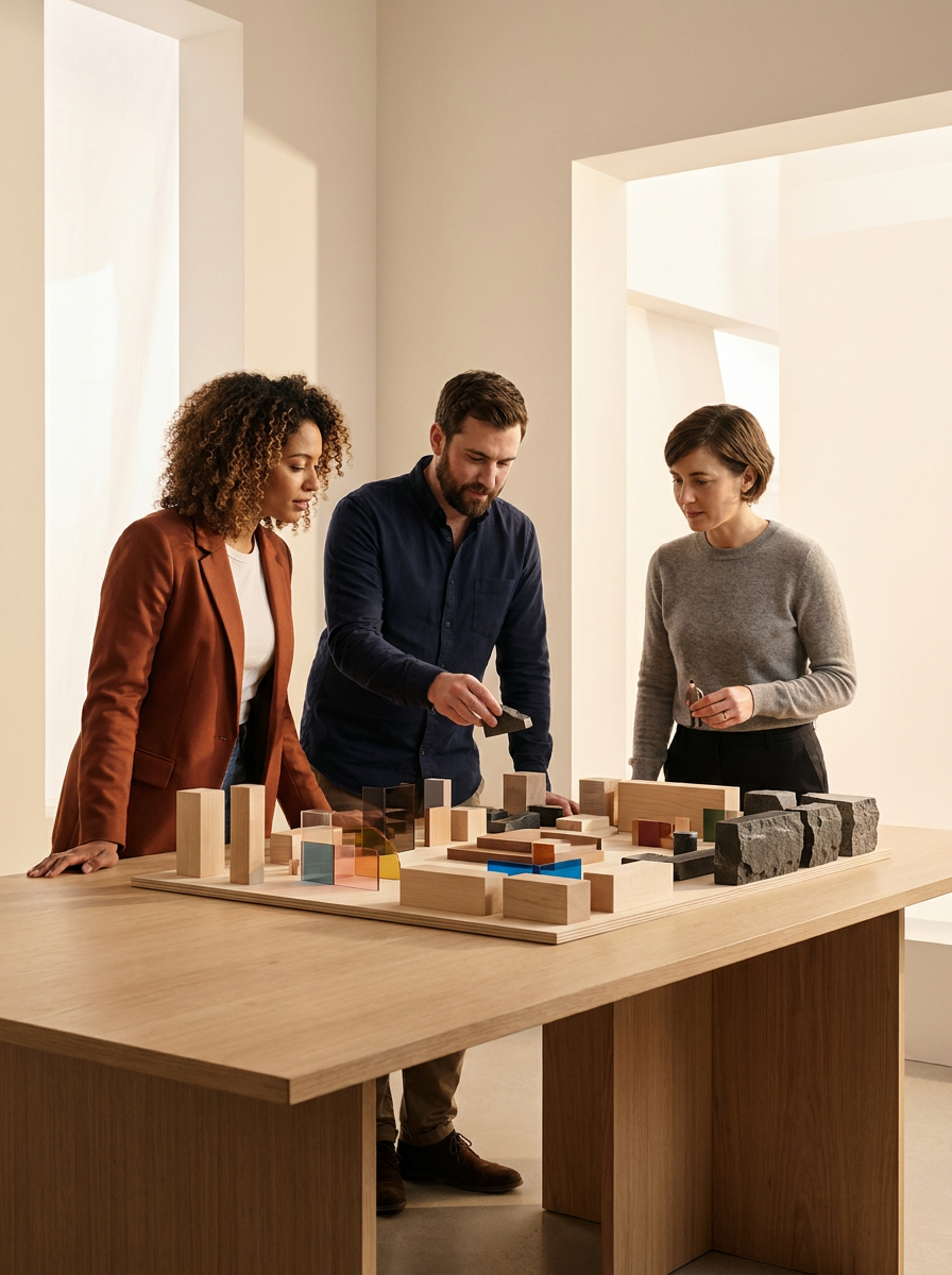 Three people examining a architectural or design model with various materials on a large wooden table in a well-lit room.