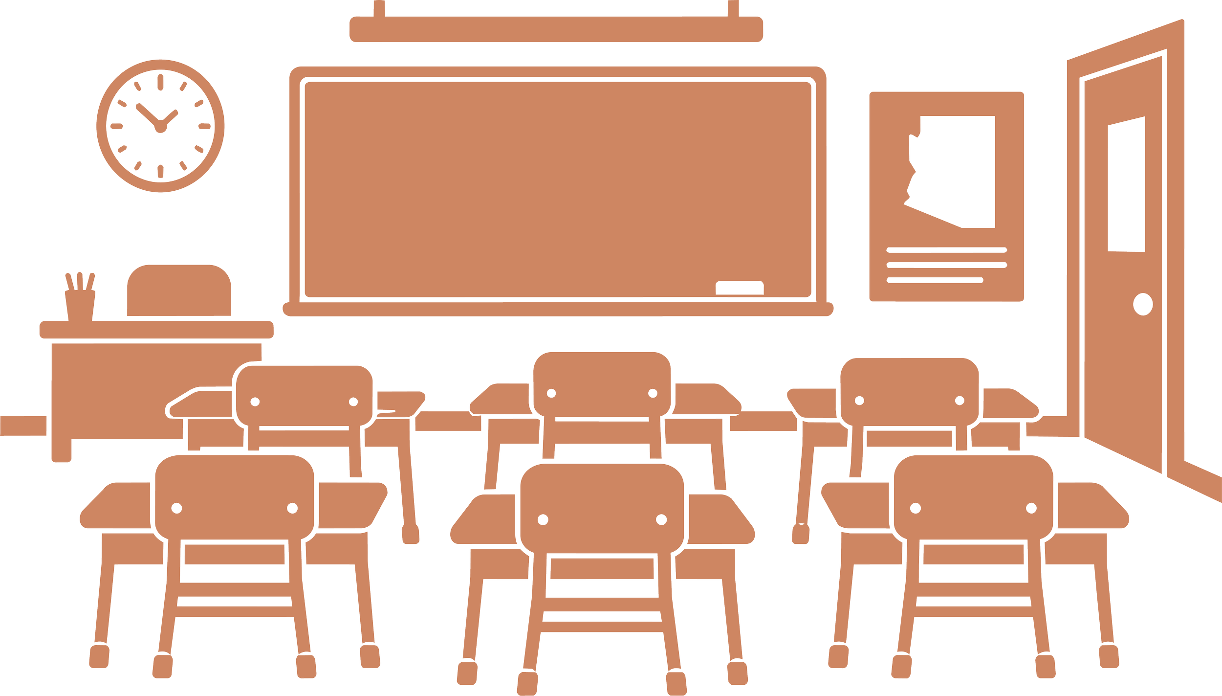 Line drawing of a classroom with a clock, a teacher's desk, a computer monitor, a bulletin board, a door, a large screen, and multiple chairs arranged facing the screen.