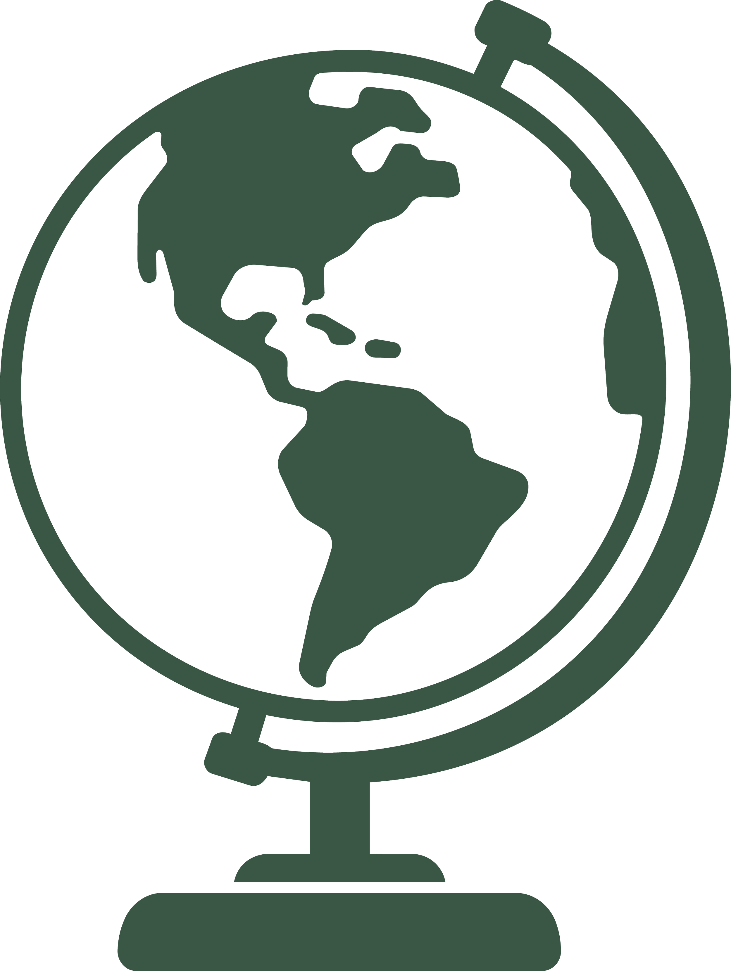 A dark green silhouette of a globe on a stand, showing the continents of North and South America, with a circular frame around it.