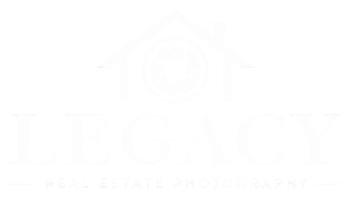 Logo for Legacy Real Estate Photography featuring a house outline with a clock face above the company name.