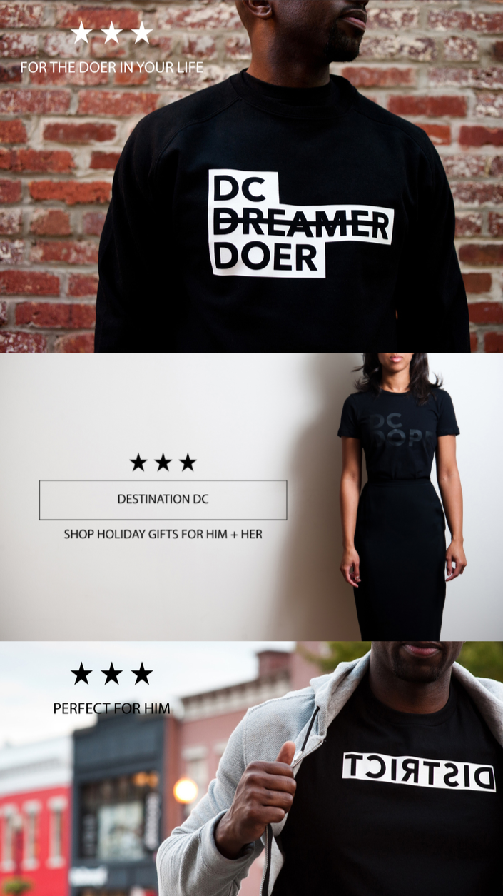 Three fashion photos featuring clothing with text. The first shows a man wearing a black sweatshirt with 'DC DREAMER DOER' printed on it, standing against a brick wall. The second shows a woman in a black t-shirt with a similar 'DC' logo, standing in