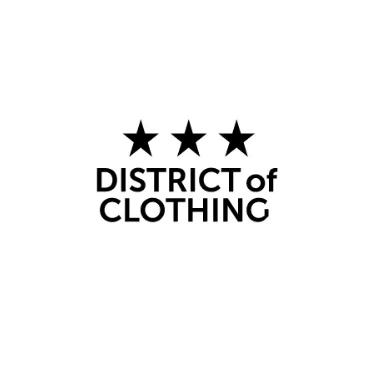 Three black stars above the text 'District of Clothing' in bold, black font on a white background.