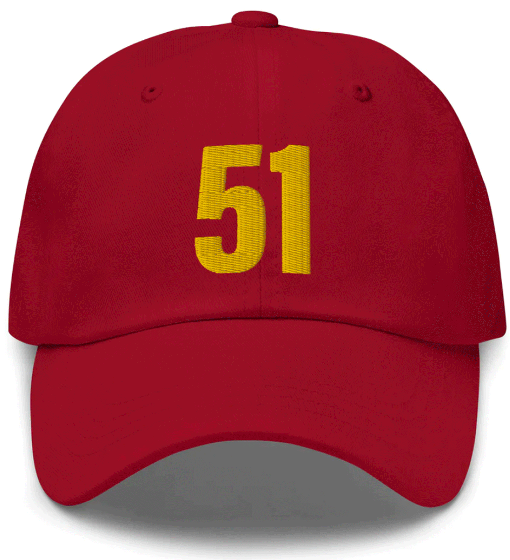 Red baseball cap with yellow number 51 embroidered on front.