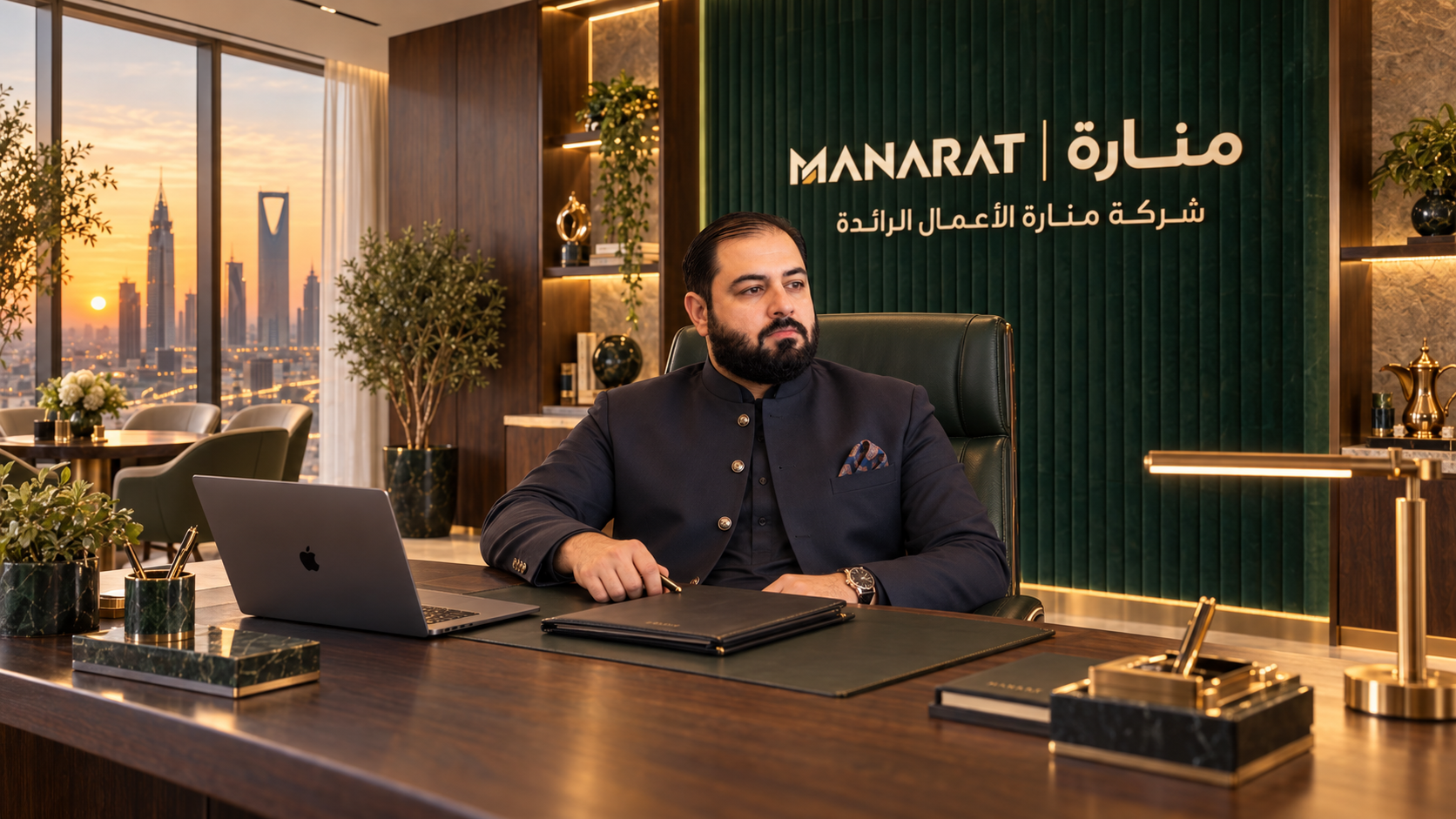 A man in a dark traditional outfit sitting at an elegant leather desk in a modern office with city skyline view at sunset. The office has green and wood accents, decorative plants, and the company logo in both English and Arabic on the green wall.