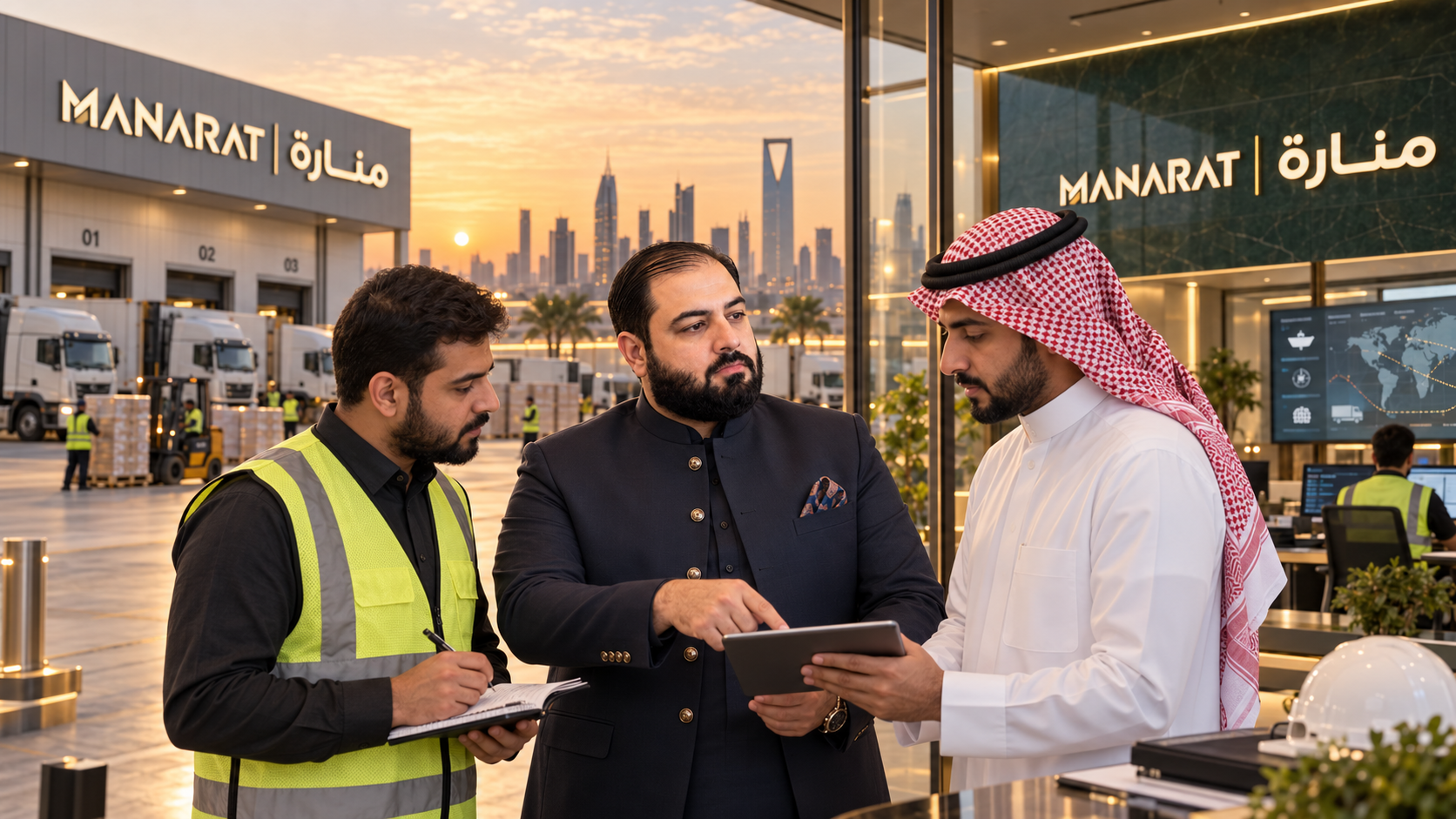 Three men in conversation at an open airport terminal during sunset, with loading trucks and palm trees outside, and a city skyline in the background.