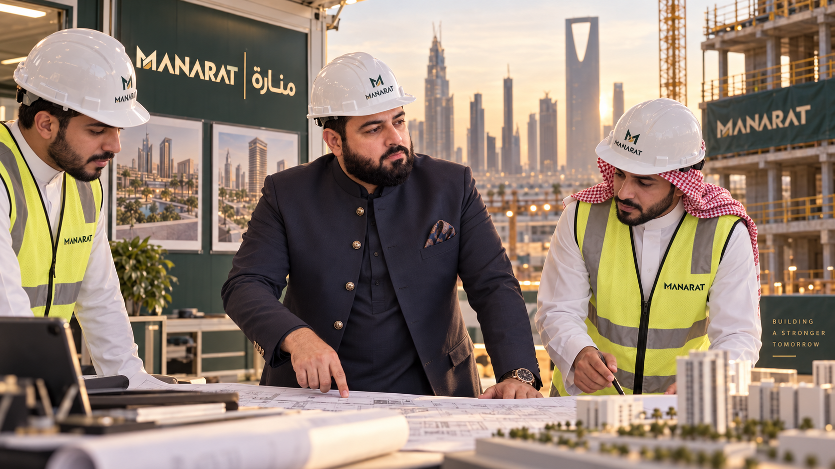 Three men, two construction workers and one professional, wearing safety helmets and discussing blueprints on a construction site with a city skyline in the background at sunset.
