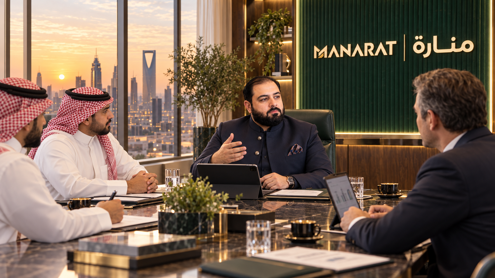 Business meeting with men in traditional Middle Eastern attire and a man in a suit, discussing in a conference room with a city skyline at sunset in the background, and a sign that reads 'MANARAT' on the wall.