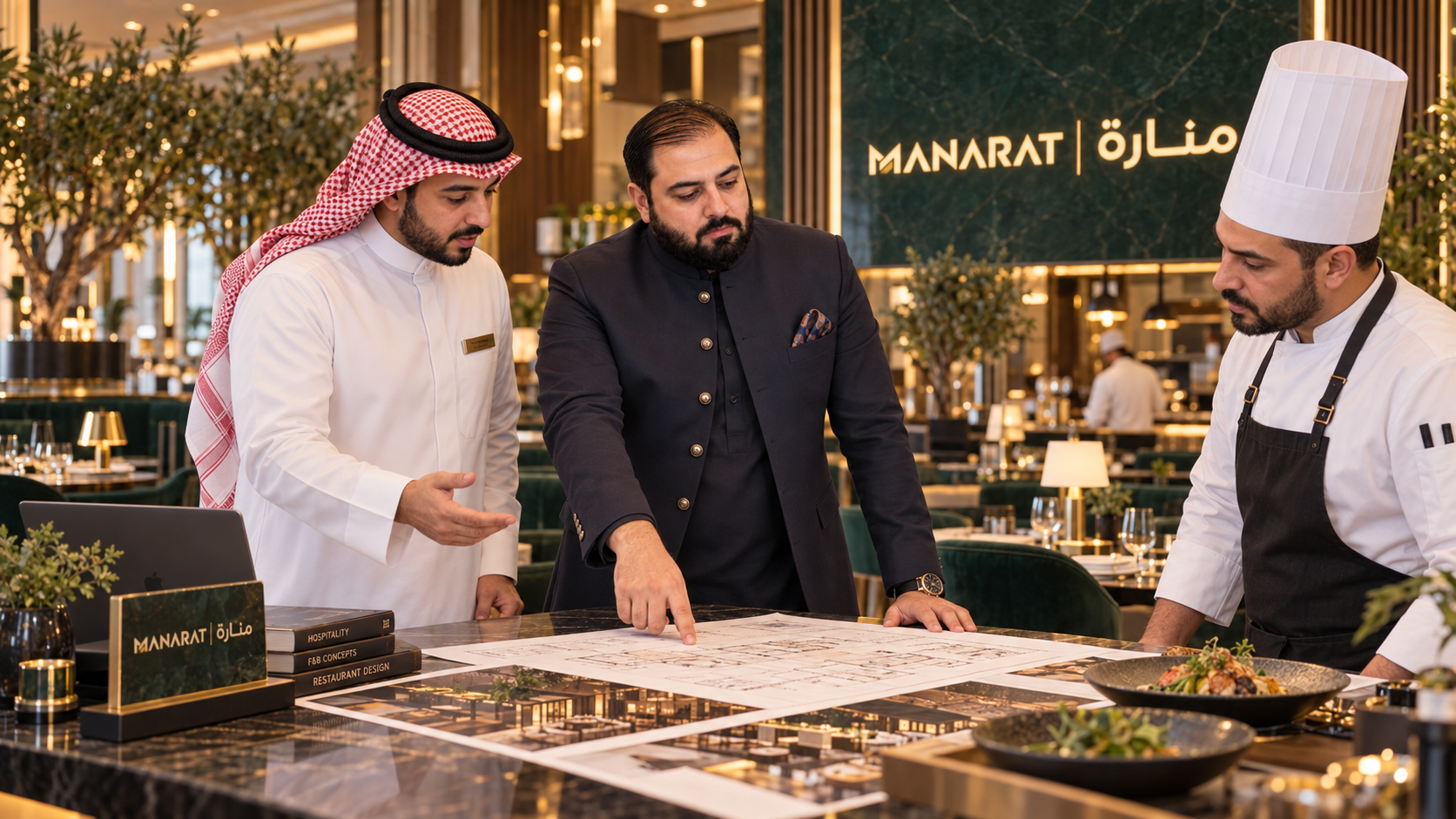 Three men are reviewing architectural plans or blueprints on a table in a restaurant or hotel lobby. One is dressed in traditional Arabic attire, another in a dark suit, and the third as a chef with a white hat and apron. The background features the 