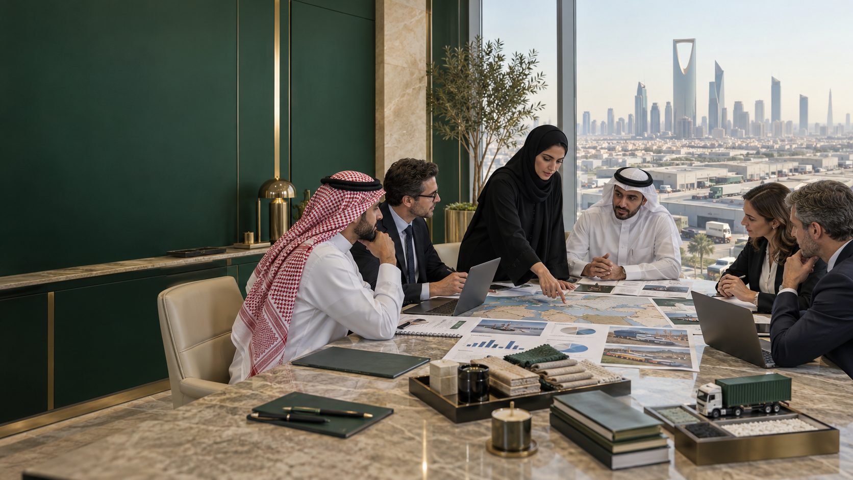 MANARAT Saudi investment and trade professionals reviewing partnership opportunities in Riyadh