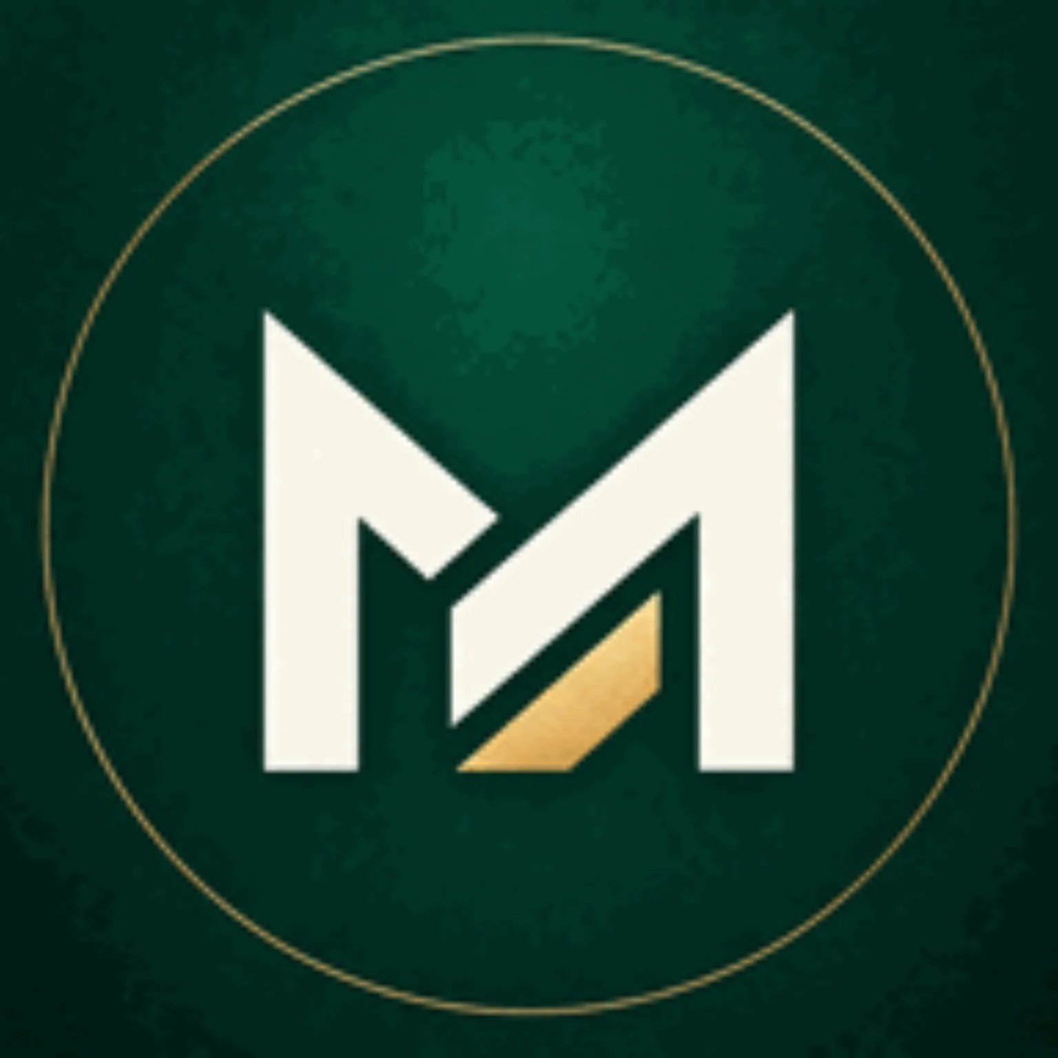 MANARAT geometric M logo in white and gold on deep emerald green