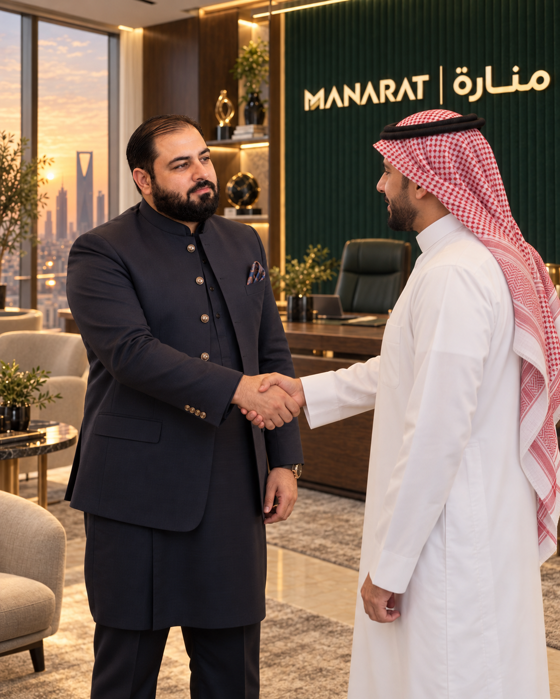 Two men shaking hands in a modern office. One man wears a black traditional suit, the other wears a white thobe and a red checkered keffiyeh. The office has a city skyline view and a sign with "MANARAT" in English and Arabic.