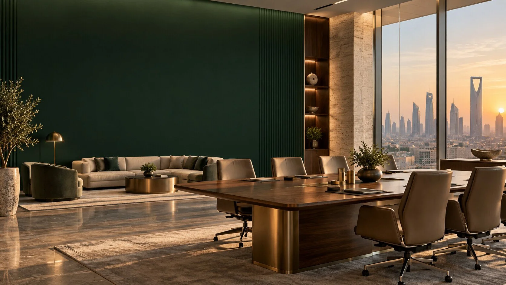 Premium MANARAT executive boardroom in Riyadh with an emerald feature wall and Saudi skyline.