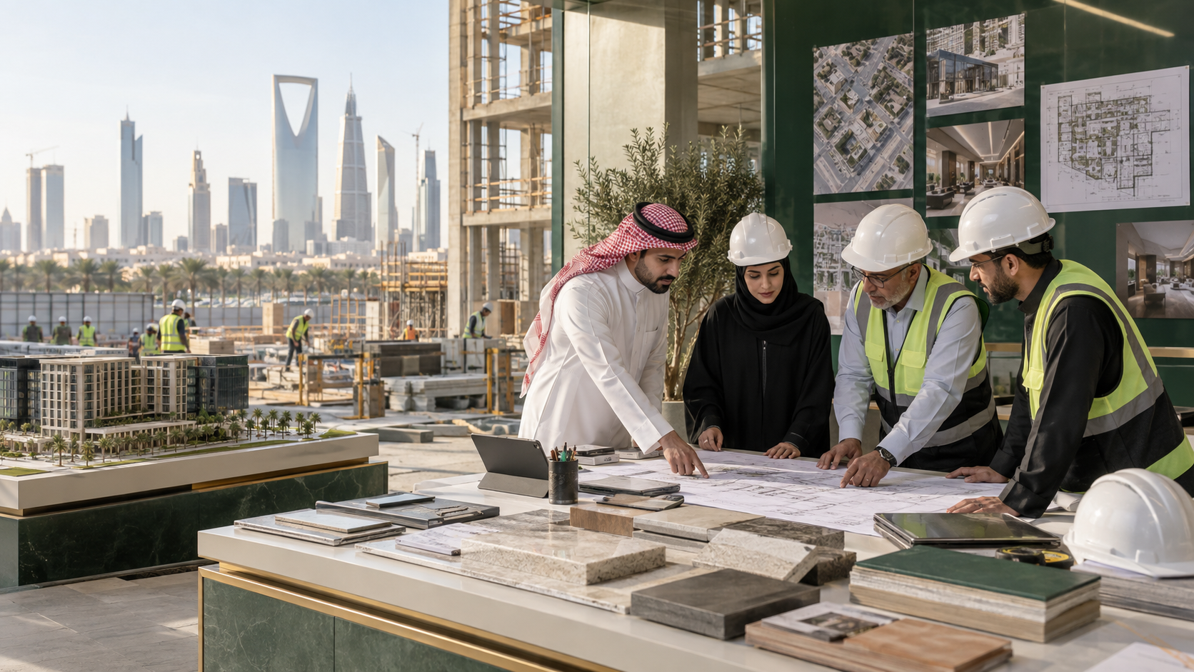 MANARAT contracting and real estate project team reviewing plans at a modern Riyadh development site