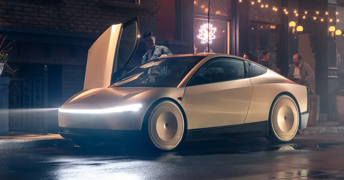 4k picture of a Tesla Cybercab parked on a city street at night, with people sitting outside a cafe in the background.