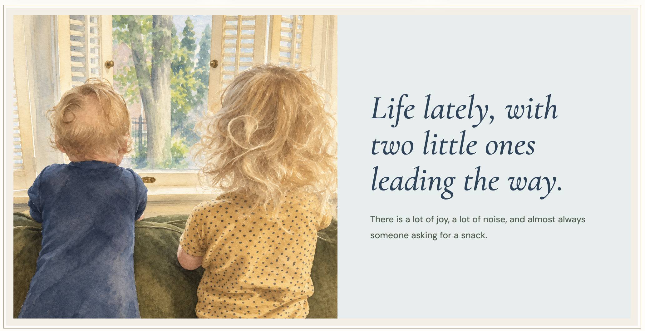 Two young children looking out a window, illustrating Held Together stories about life and motherhood.