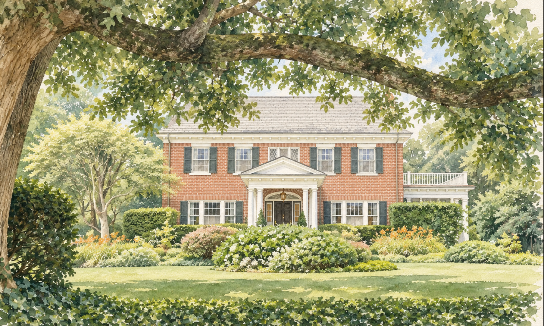 Illustration of a 1920s Georgian home with traditional landscaping.