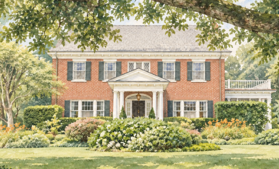 1920s Georgian home in Columbus, Ohio with red brick, black shutters, and traditional landscaping.