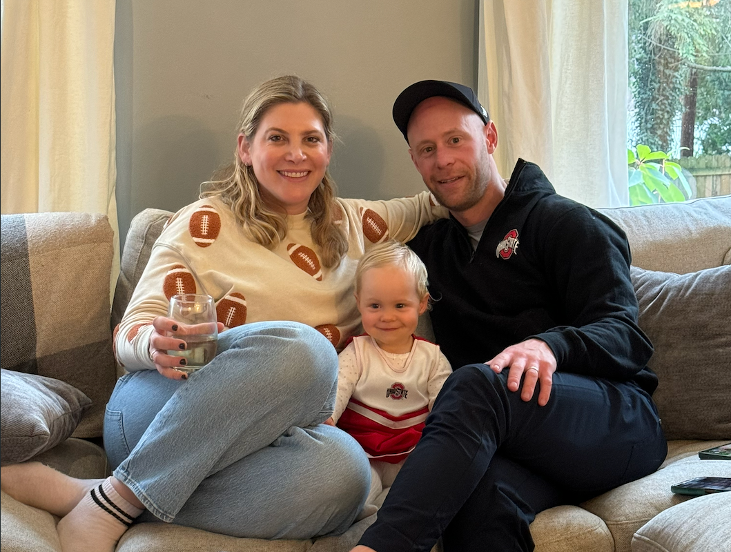 Katie and her family relaxing together at home.