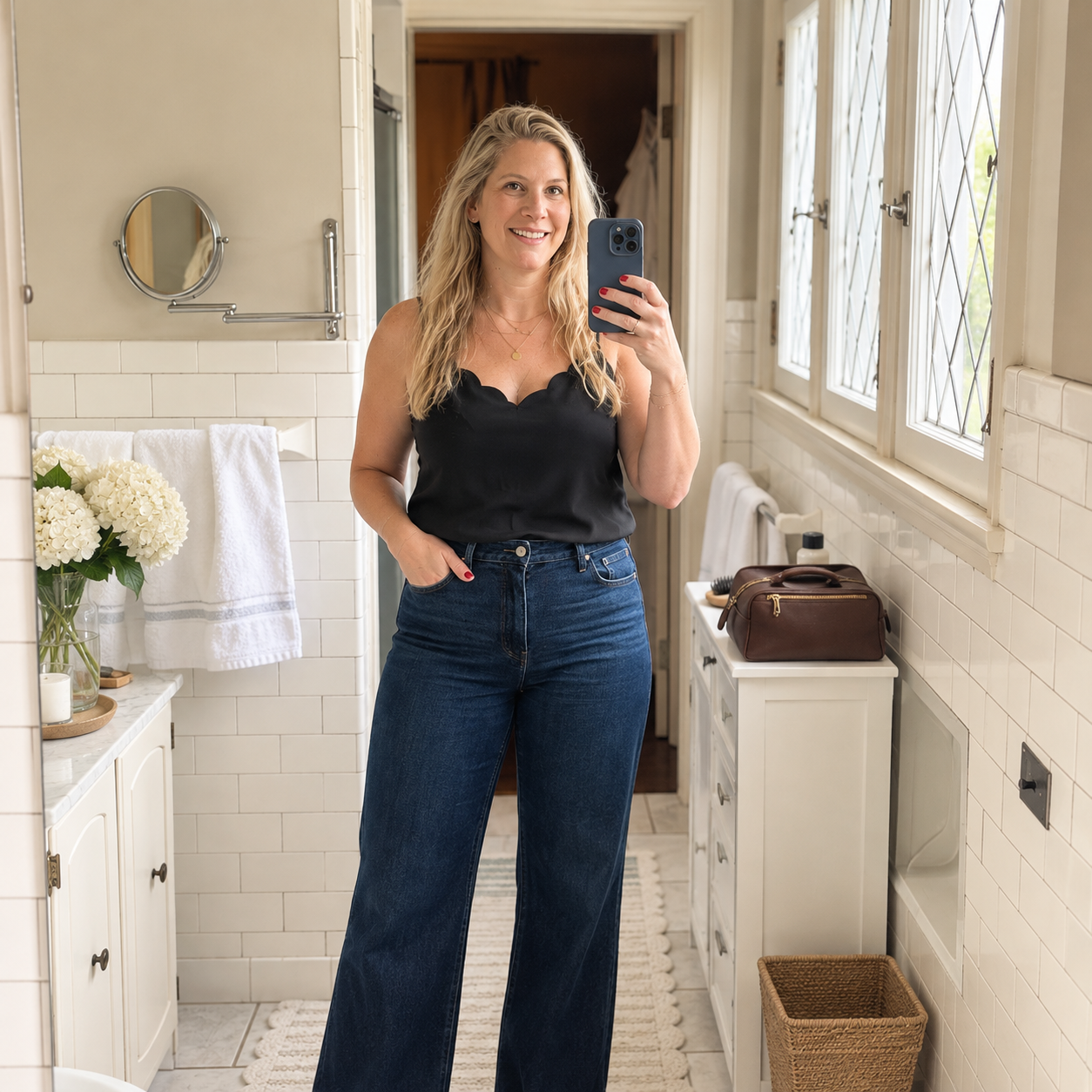 Katie wearing a black top and jeans in a bathroom mirror selfie.