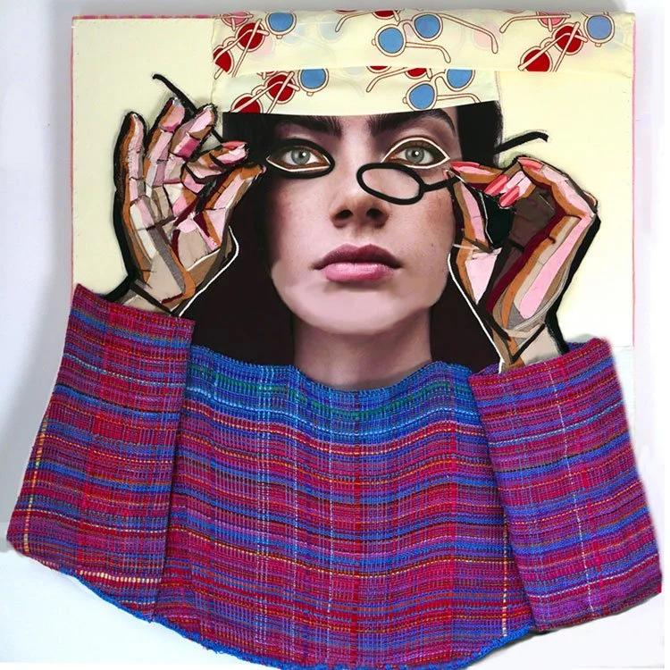 Take Off Your Glasses And See, 2024, discarded clothing, magazine cutouts, yarn, thread, 32 x 32 x 3 in