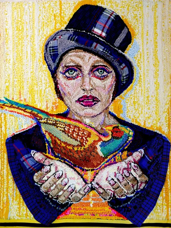 Creatrix, 2021, discarded clothing, tablecloth, embroidery floss, 25 x 20 in