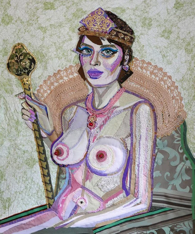 Ruler of Myself, 2022, discarded clothing, swatches, junk jewelry, yarn, thread, 44 x 34 in