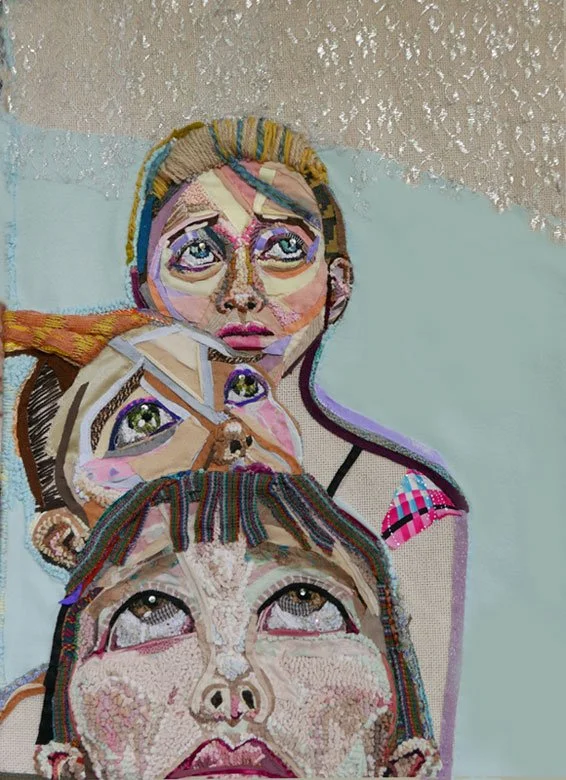 Look Up, 2023, discarded clothing, yarn, sequins, thread, 28 x 20 in