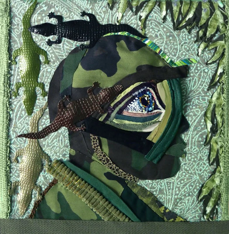 Chameleons and Eye, 2022, discarded clothing and faux skin, 16 x 16 x 2 in