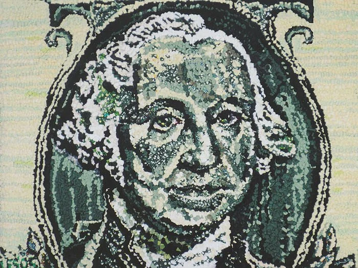 Face Value, 2005, discarded clothing, 18 x 26 inches
