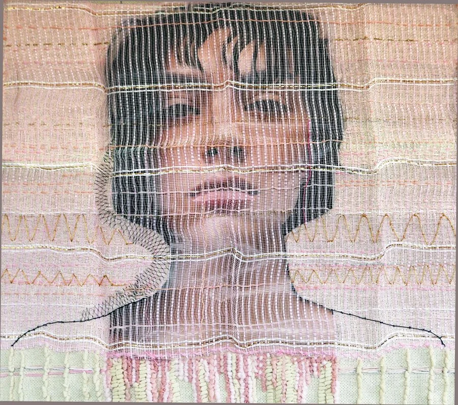 Distortion, 2024, discarded clothing, plastic mesh, photo, human hair, thread, yarn, 26 x 26 x 2 in