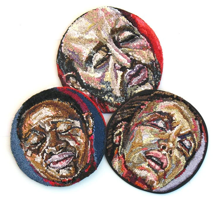 HEADS ROLL, 2015, discarded clothing, mounted on frisbees, each 9.75-10.5" dia. can be tossed, repositioned, and installed in multiple arrangements.