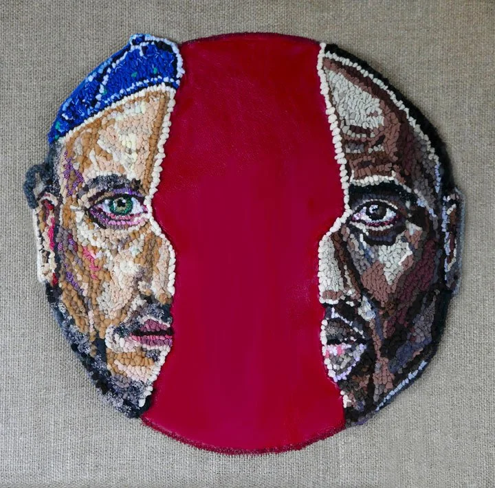 Fault Line, 2020, discarded clothing (the second skin) and leather (skin), 18 x 18 inches