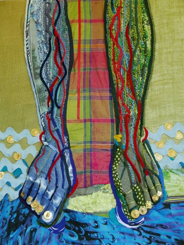 The Flow, 2026, discarded clothing and found objects, yarn, thread, 30 x 24 x 2 in