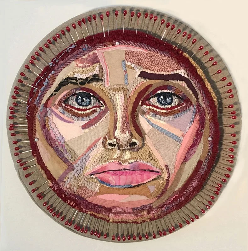 Pincushion, 2022, discarded clothing, teardrop pins, cushion, 14.5 x 14.5 x 3 in