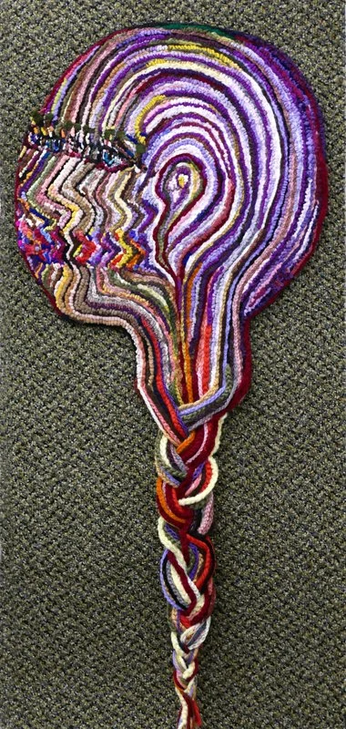 Magic Carpet Ride, 2018, discarded clothing and yarn, carpet remnant, 36 x 16 in