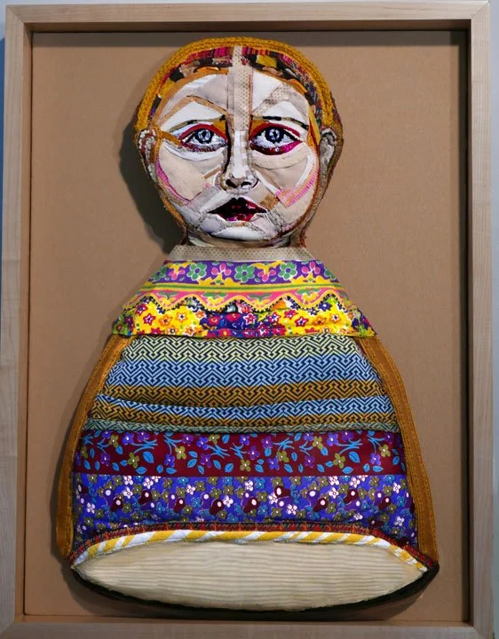 The Emptiness, 2024, discarded clothing, yarn, thread, wood box, 26 x 20 x 2.5 in