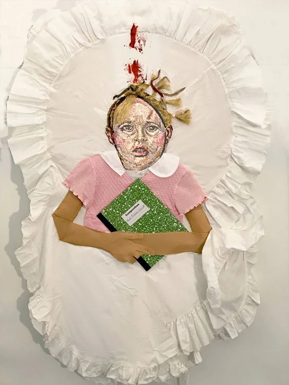 The Lesson, 2021, discarded clothing, felt, notebook, 48 x 32 in