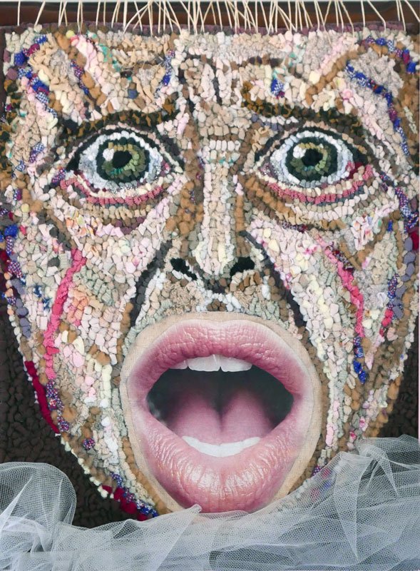 Aerosolized Fear, 2020, discarded clothing, paper, thread, 11 x 9 in