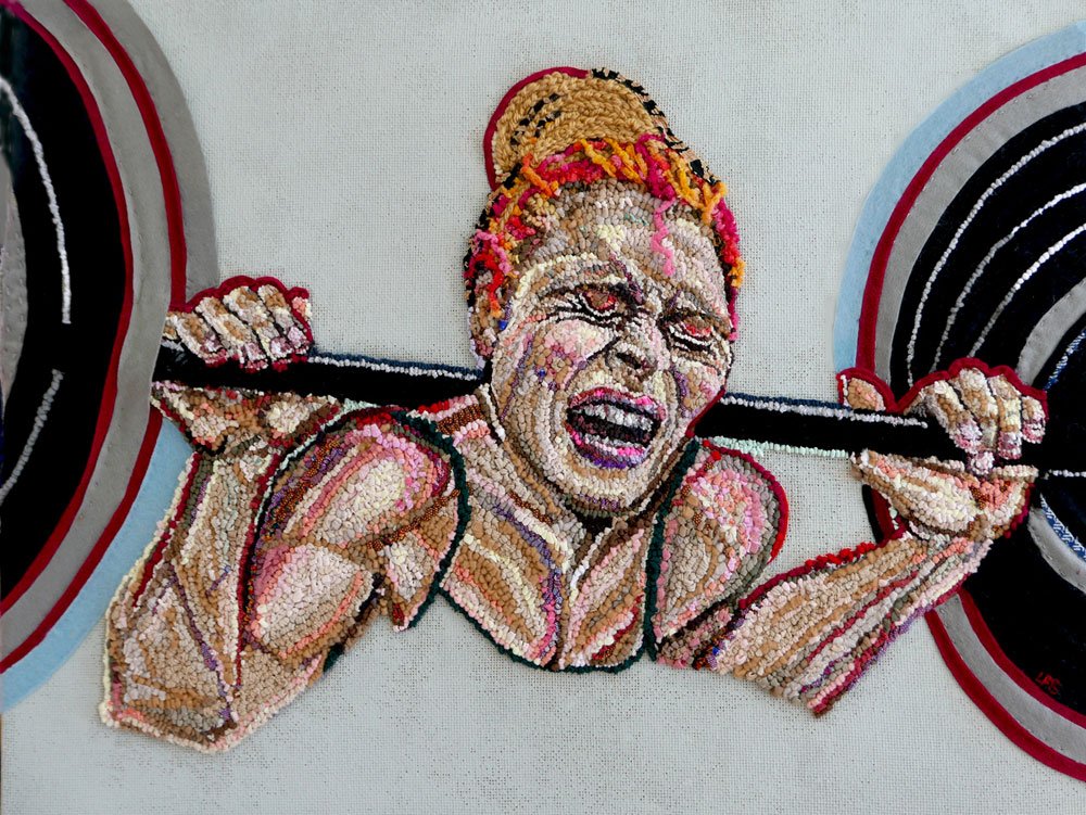 Pain Into Power, 2021, discarded clothing, yarn, felt, gesso, 24 x 32 in