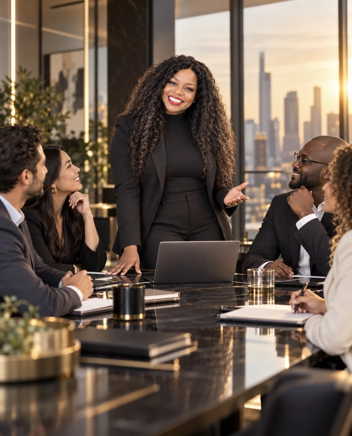 Diverse business leaders engaged in an executive strategy discussion led by Dr. Tannya Jenkins.