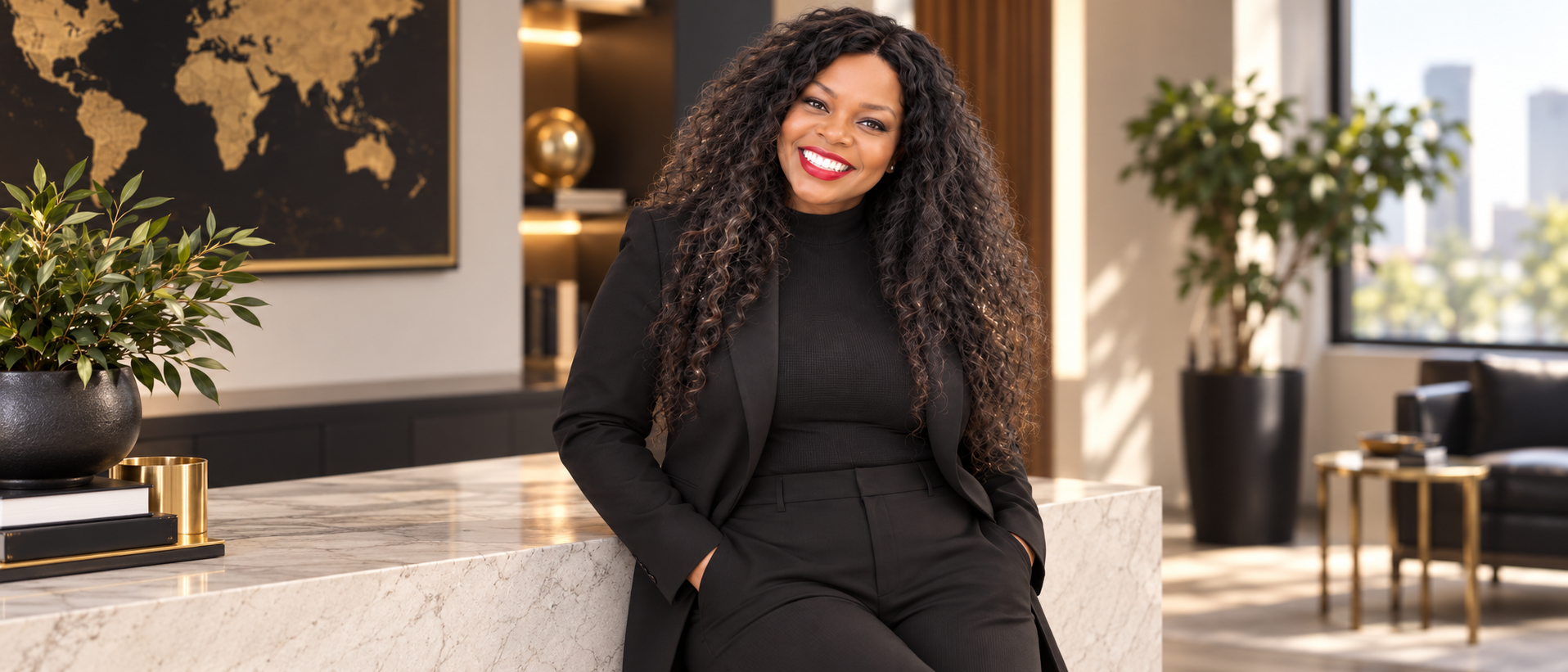 Dr. Tannya Jenkins seated in a modern office, executive advisor and organizational strategy leader.