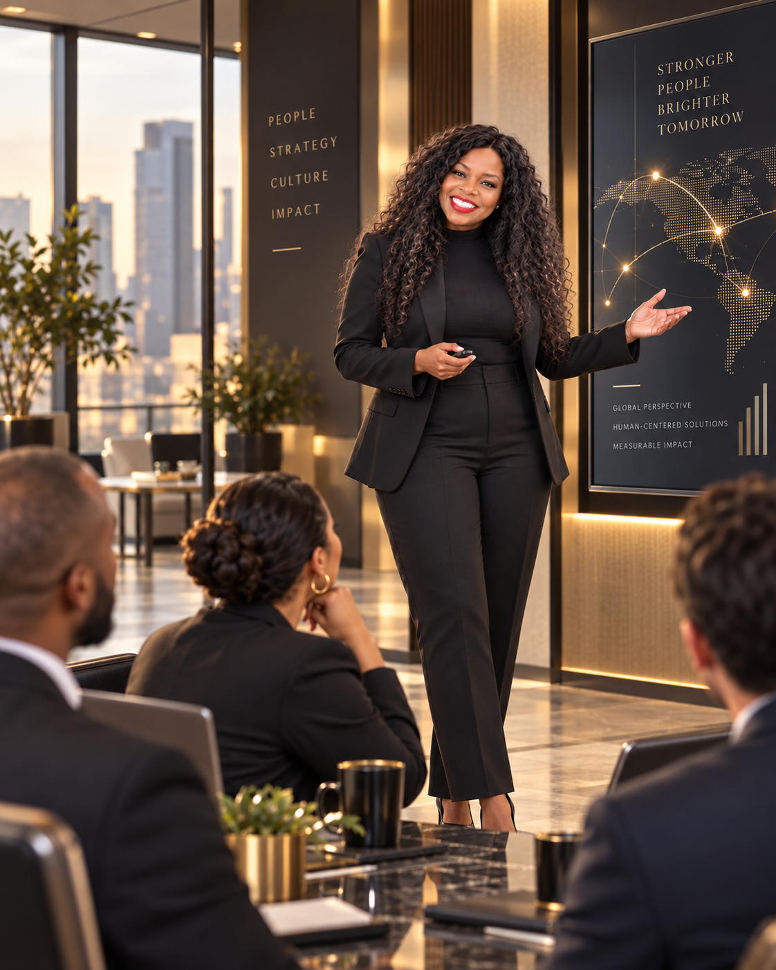 Dr. Tannya Jenkins leading an executive presentation for business leaders in a modern conference room.