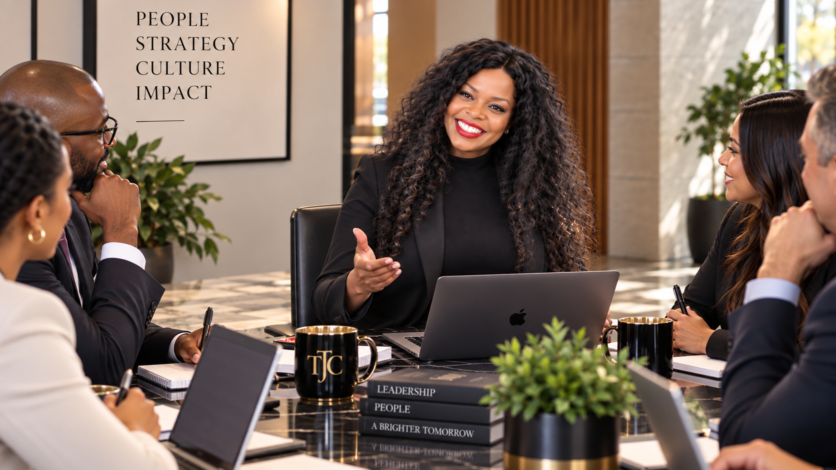 A diverse group of professionals attending a meeting in a modern conference room, with one woman speaking and smiling, surrounded by laptops, notebooks, and coffee mugs.