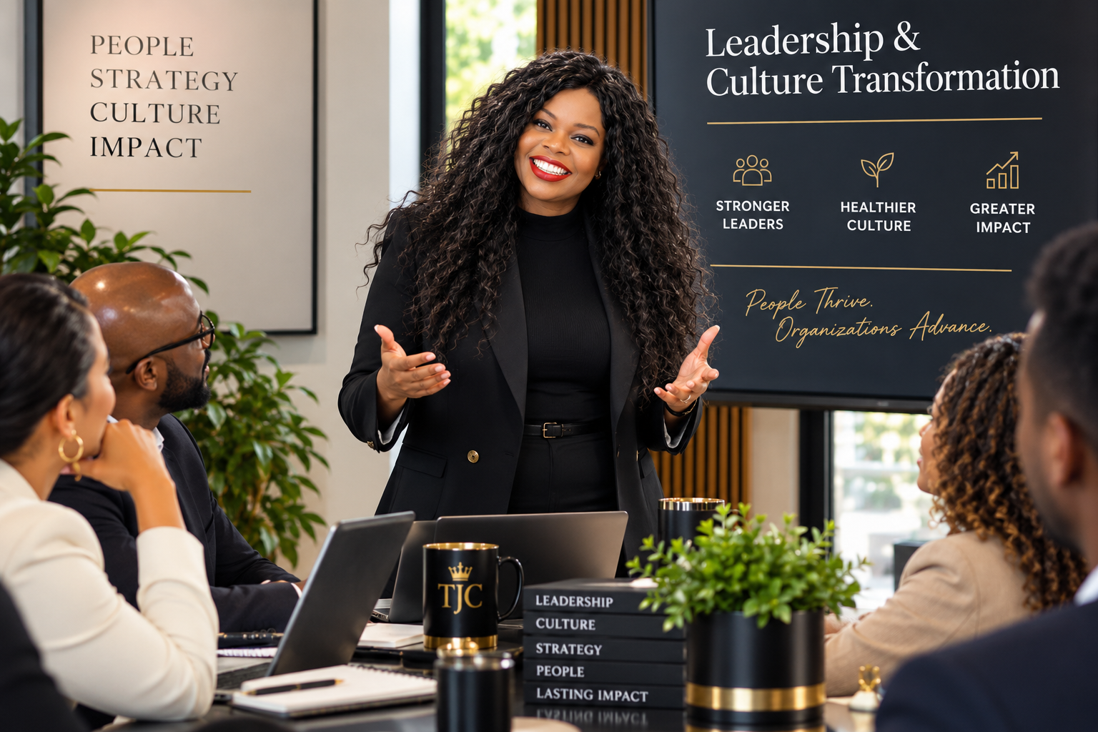 A woman giving a presentation to a group of diverse people in a conference room with a blackboard and plants.